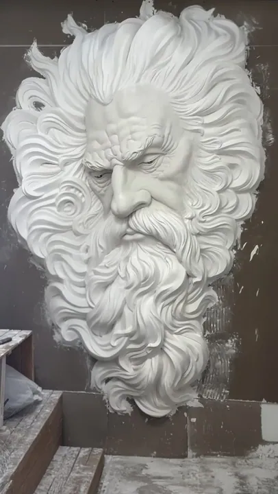 White high-relief sculpture of a bearded classical sea god with flowing hair