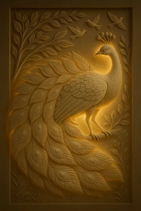 Hand-carved peacock relief panel under warm raking light