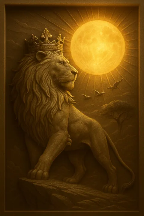 Illuminated relief of a crowned lion standing beneath a glowing sun