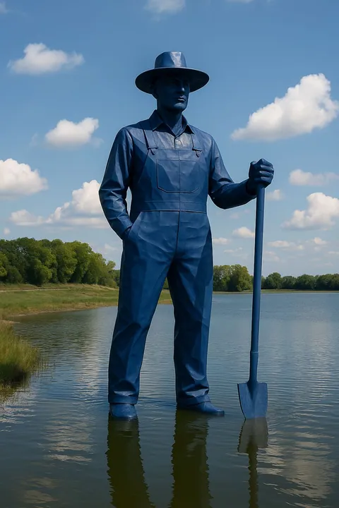 Monumental blue statue of a farmer with a shovel standing in a lake