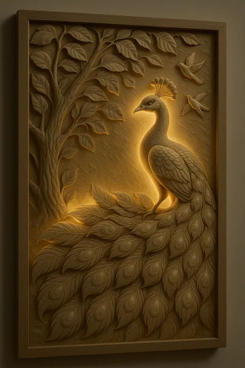 Framed illuminated high-relief wall panel of a peacock beneath a carved tree