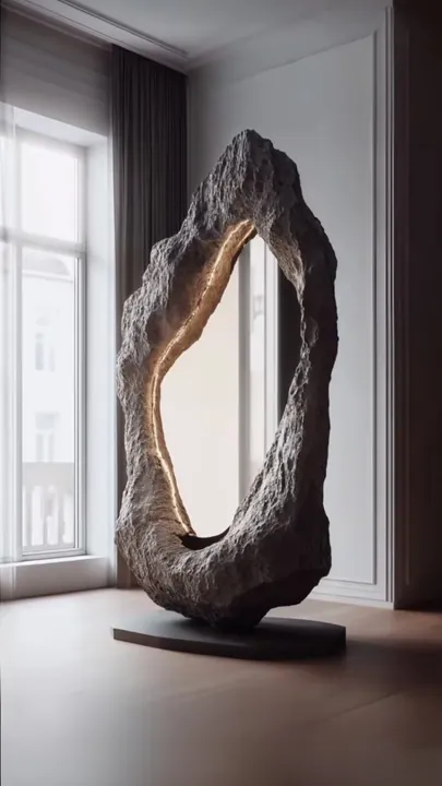 Freestanding rock portal sculpture with a glowing inner edge