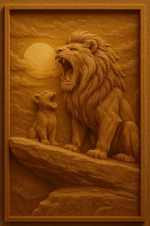 Hand-carved relief panel of a roaring lion and cub on a rock ledge at sunset