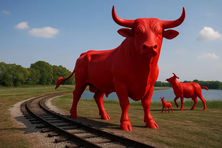 Red bull sculptures installed along a railway in a park