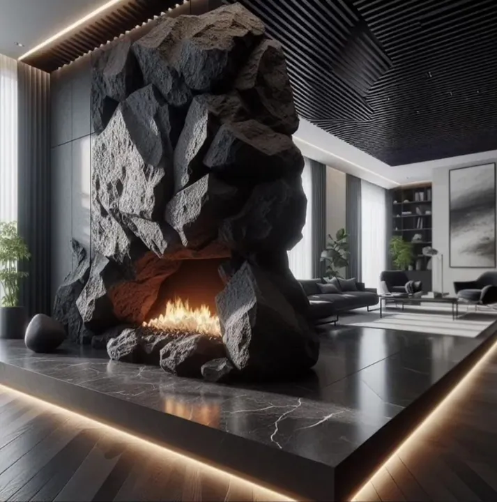 Sculpted black rock fireplace surround in a modern living room