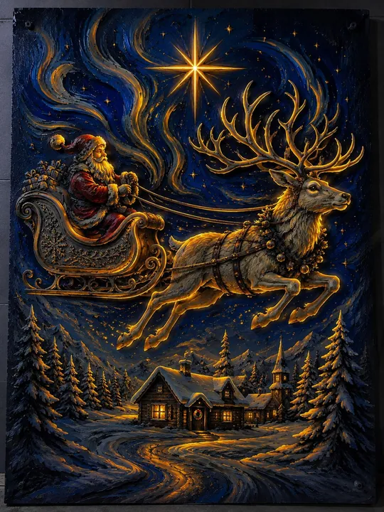 Carved relief of Santa's sleigh and reindeer over a snowy village