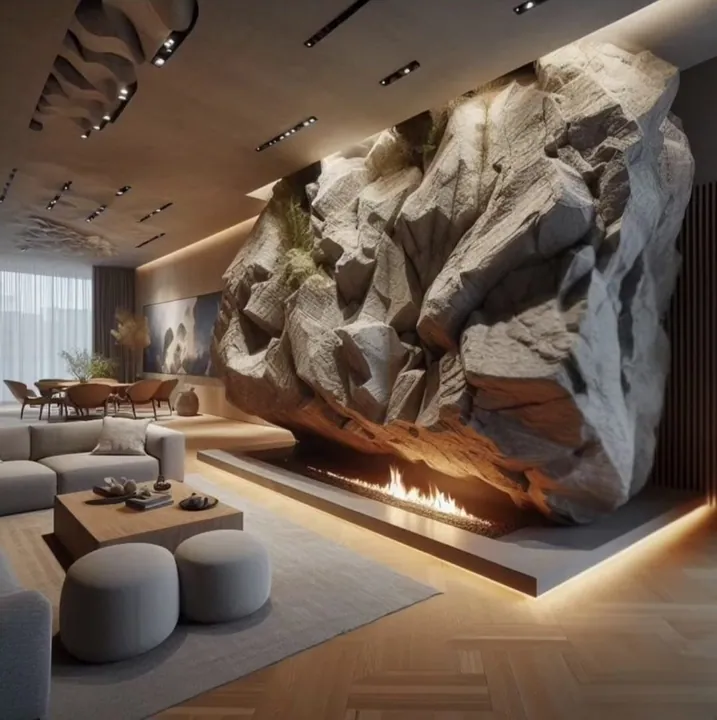 Sculpted stone cliff feature wall over a linear fireplace in a lounge