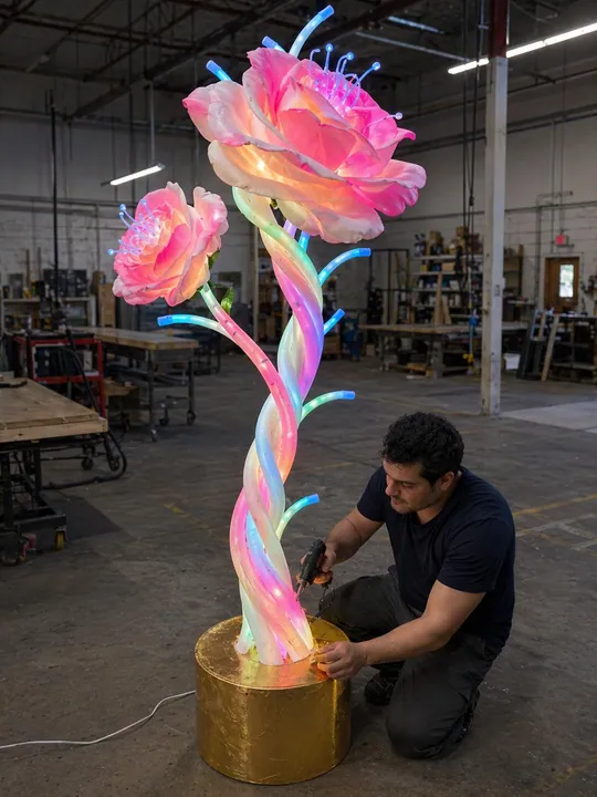 Artist finishing a six-foot illuminated rose sculpture in the workshop