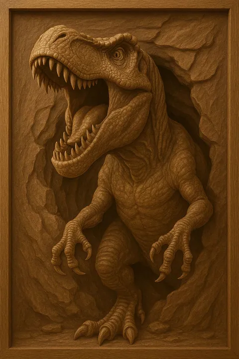 Deep-carved relief of a T-Rex bursting through a framed stone wall