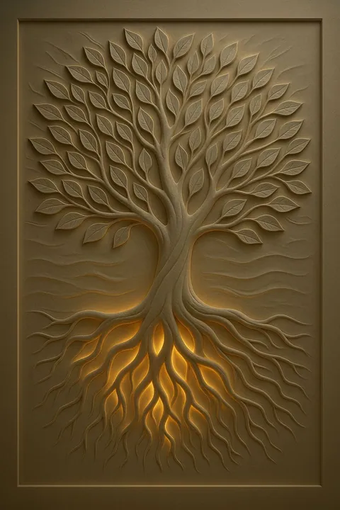Backlit carved Tree of Life panel with glowing roots