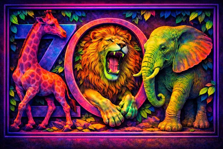 UV-reactive painted relief mural of giraffe, lion and elephant in vivid neon colors